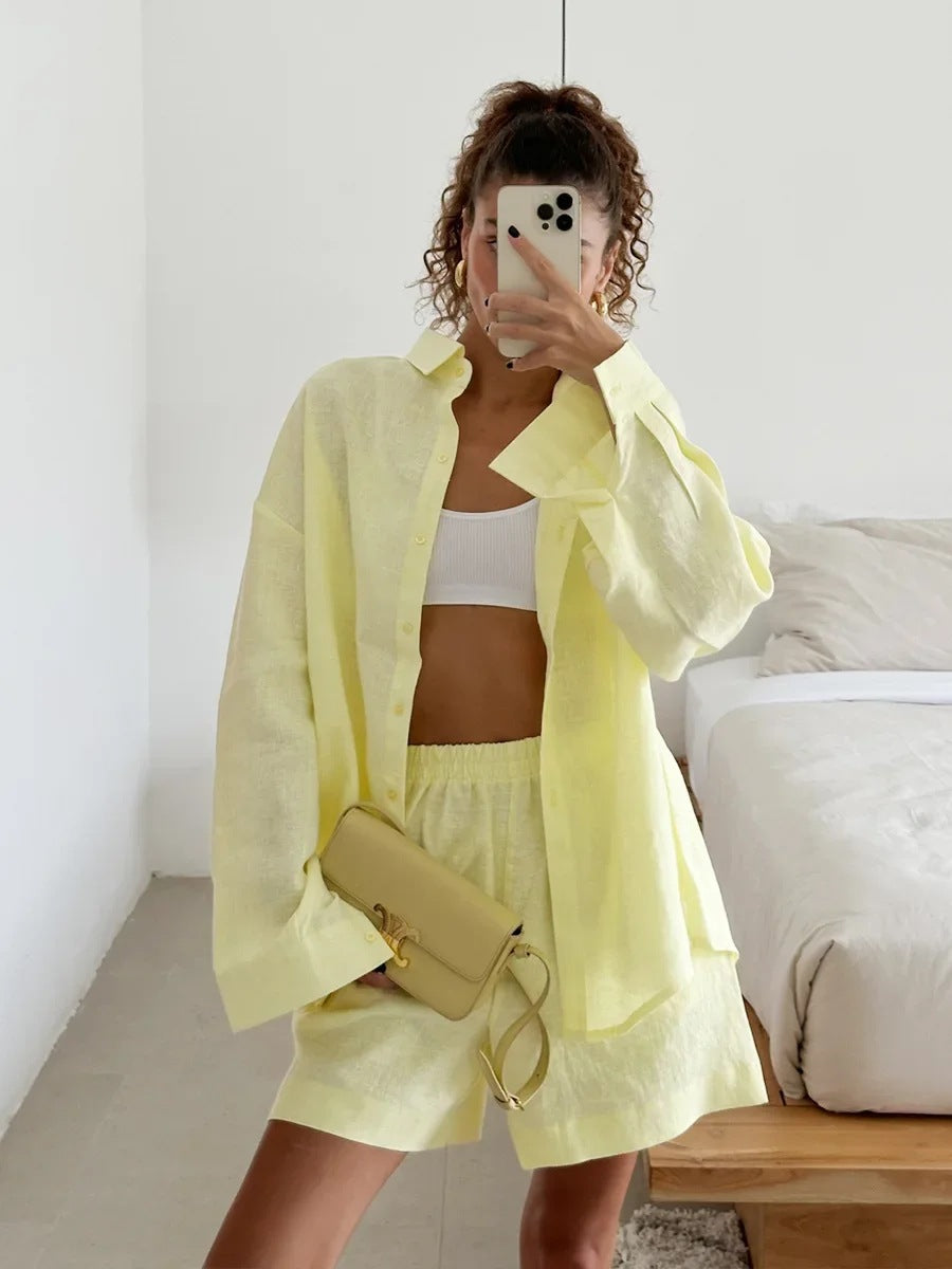 Damen lässige Leinenbluse und Shorts Set Drune