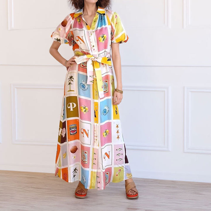 Damen Hemdblusenkleid mit farbenfrohem Print und taillierbarem Gürtel Drune
