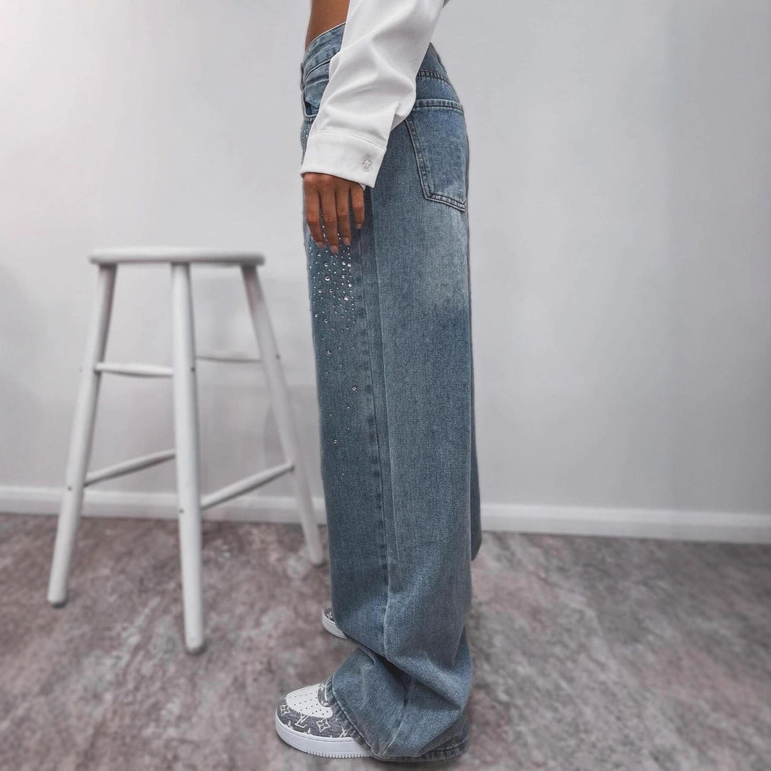 Damen elegante High-Waist Jeans mit funkelnden Details Drune