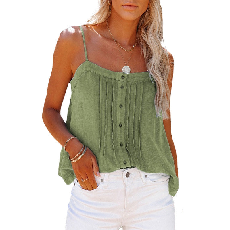 Damen luftiges Spaghettiträger-Oberteil mit kariertem Design und Knopfdetails Drune