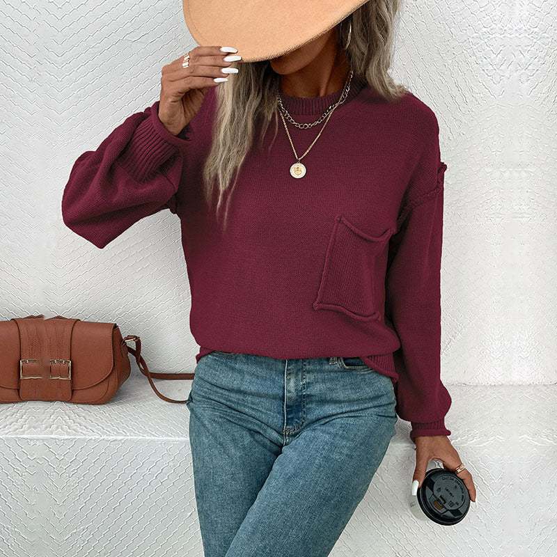 Damen lässiger Strickpullover mit Brusttasche und raffinierten Details Drune