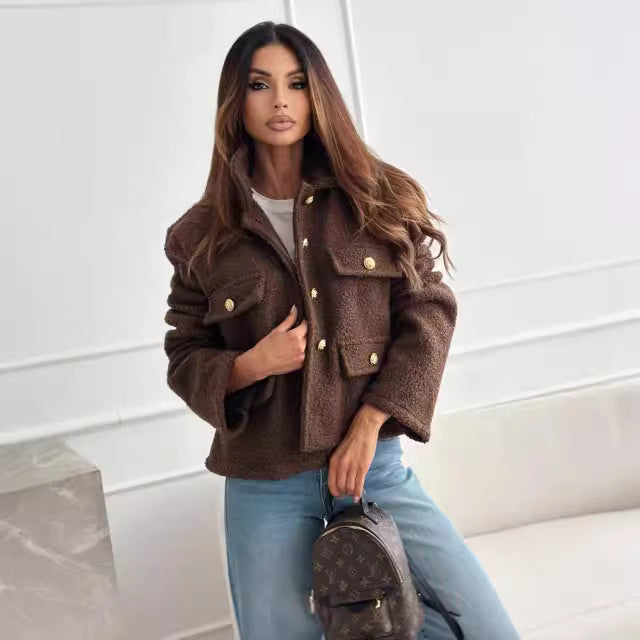 Damen Teddyjacke mit praktischen Taschen und eleganten Knopfdetails Drune