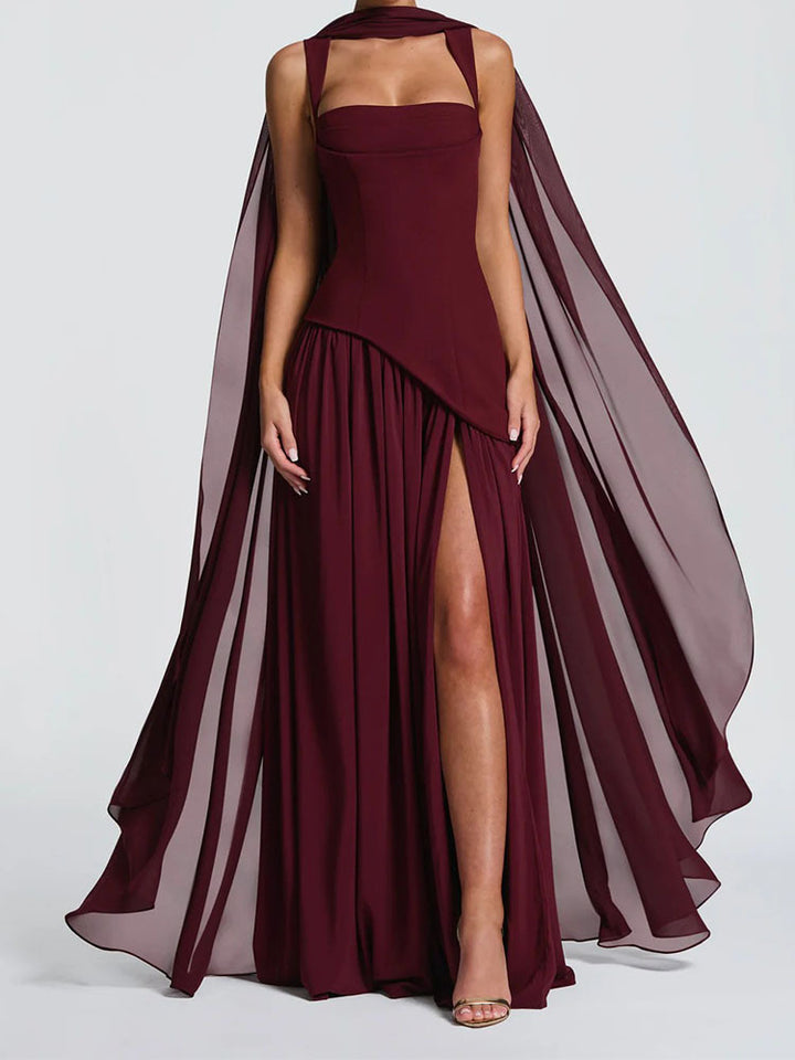 Damen Elegantes Maxikleid mit asymmetrischem Schnitt und fließendem Cape Drune