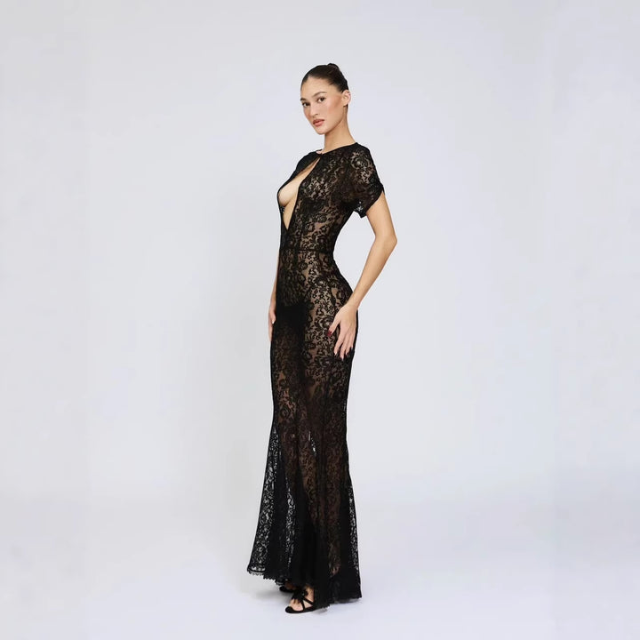 Damen Spitzenkleid mit tiefem Ausschnitt und ausgestelltem Schnitt Drune