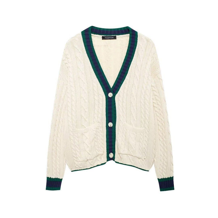 Damen Strickjacke mit V-Ausschnitt und dekorativen Kabelmustern Drune
