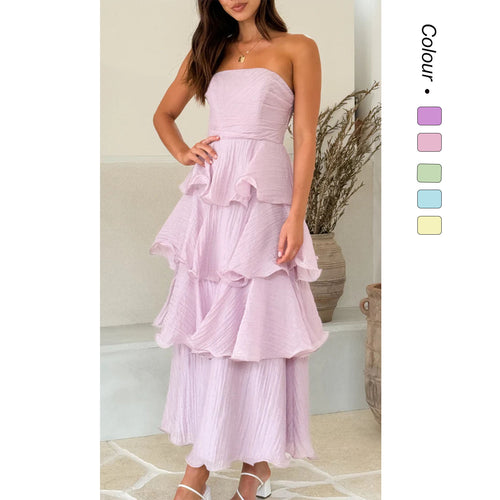 Damen Maxi-Rüschenkleid mit trägerlosem Design und fließendem Rock Drune