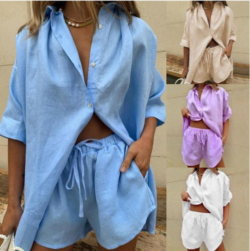 Damen Leinenbluse und Shorts-Set mit lockerer Passform und elastischem Bund Drune