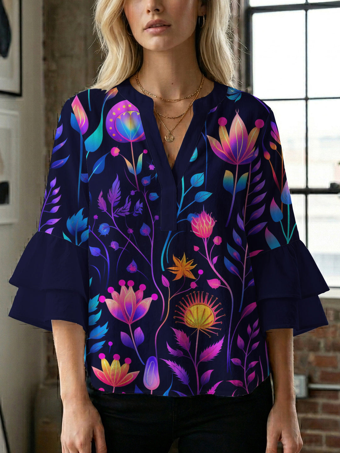 Damen Blusenshirt mit voluminösen Ärmeln und floralem Muster Drune