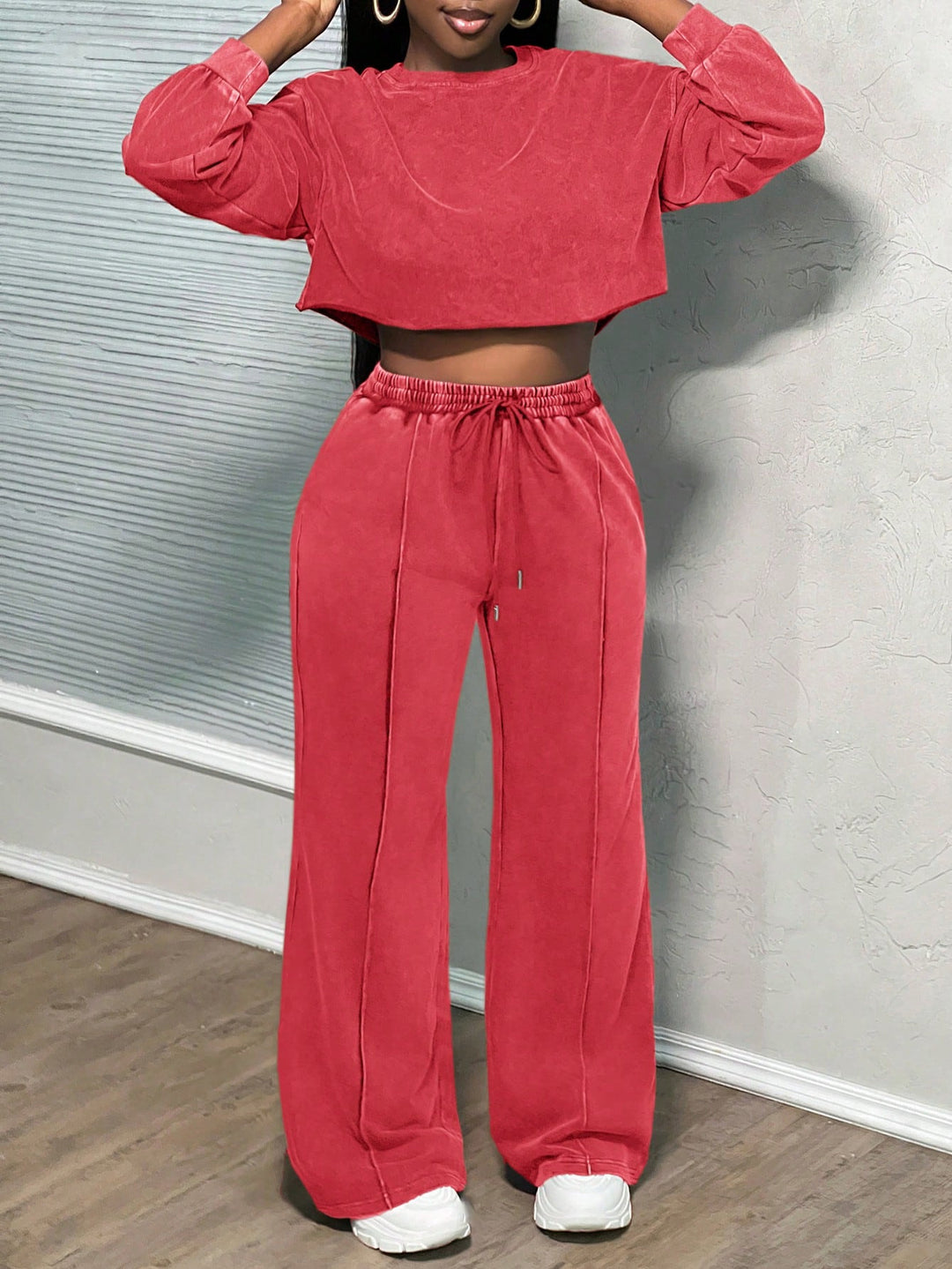 Damen lässiges Crop-Oberteil und weit geschnittene Hose Set Drune