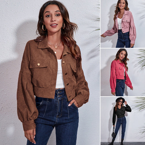 Damen Kurzjacke aus Materialmix mit lässigen Puffärmeln und großen Taschen Drune