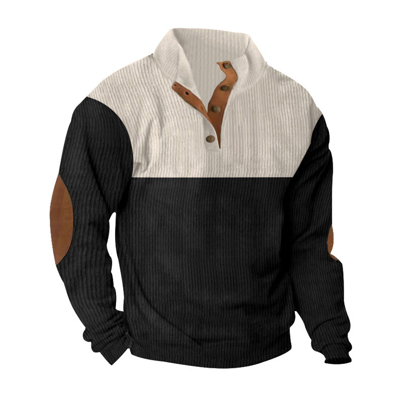 Herren nan gerippter Henley-Strickpullover mit Lederbesatz an Knopfleiste und Ellbogen-Patches Drune