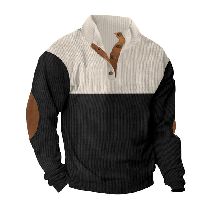Herren nan gerippter Henley-Strickpullover mit Lederbesatz an Knopfleiste und Ellbogen-Patches Drune
