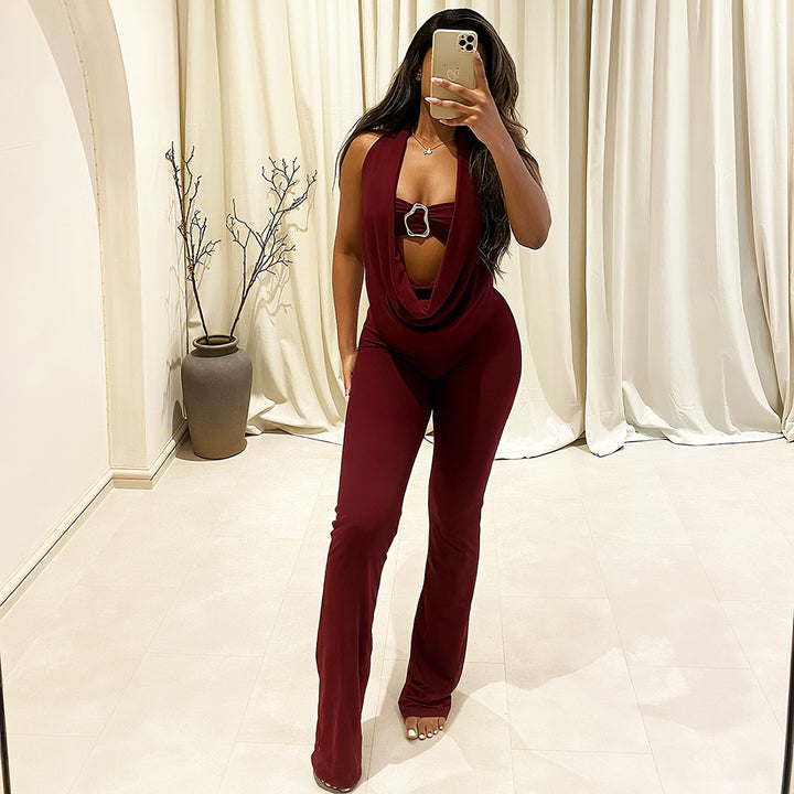 Damen Eleganter Jumpsuit mit anpassbarem Ausschnitt und schickem Gürtel Drune