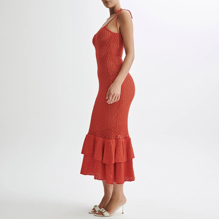 Damen Häkel-Maxikleid mit Volant und verstellbaren Trägern Drune
