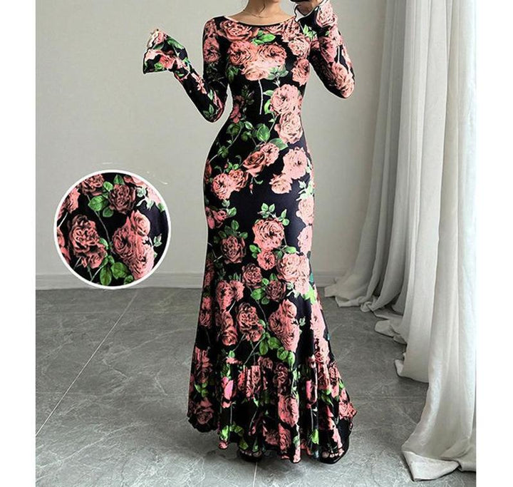 Damen nan eng anliegendes Maxikleid mit Meerjungfrauen-Schnitt, langen Glockenärmeln und Rüschensaum Drune