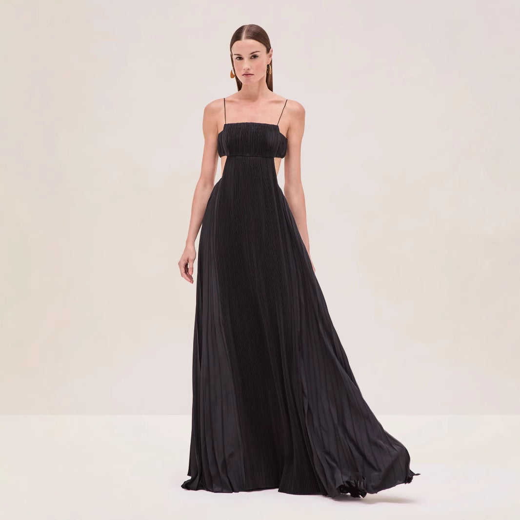 Damen Maxi-Kleid mit eleganter Plisseedetails und schmalen Spaghettiträgern Drune