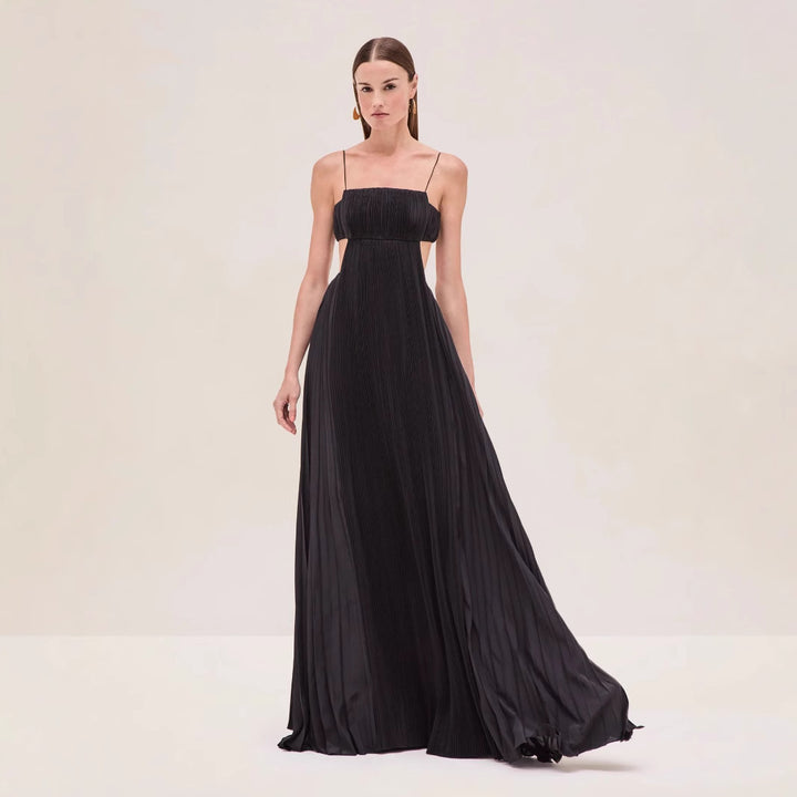 Damen Maxi-Kleid mit eleganter Plisseedetails und schmalen Spaghettiträgern Drune