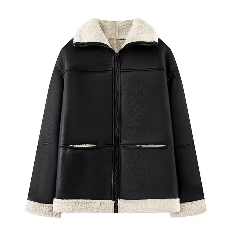 Damen modische Kunstlederjacke mit warmem Fleecefutter und praktischen Taschen Drune
