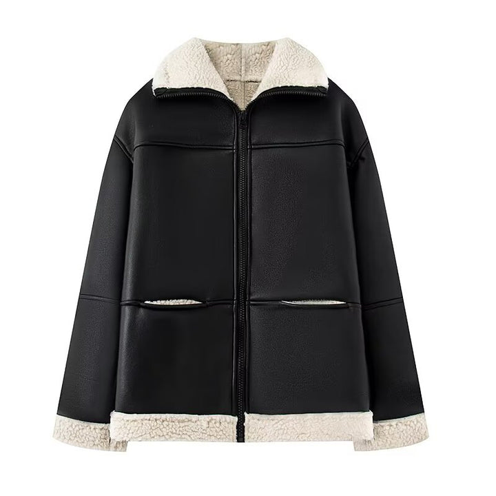Damen modische Kunstlederjacke mit warmem Fleecefutter und praktischen Taschen Drune