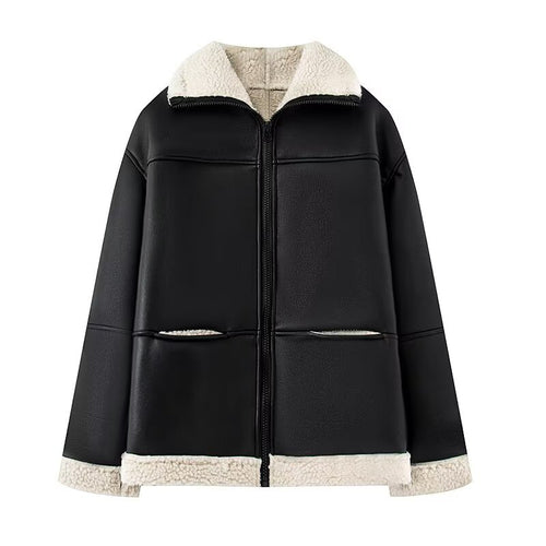 Damen modische Kunstlederjacke mit warmem Fleecefutter und praktischen Taschen Drune