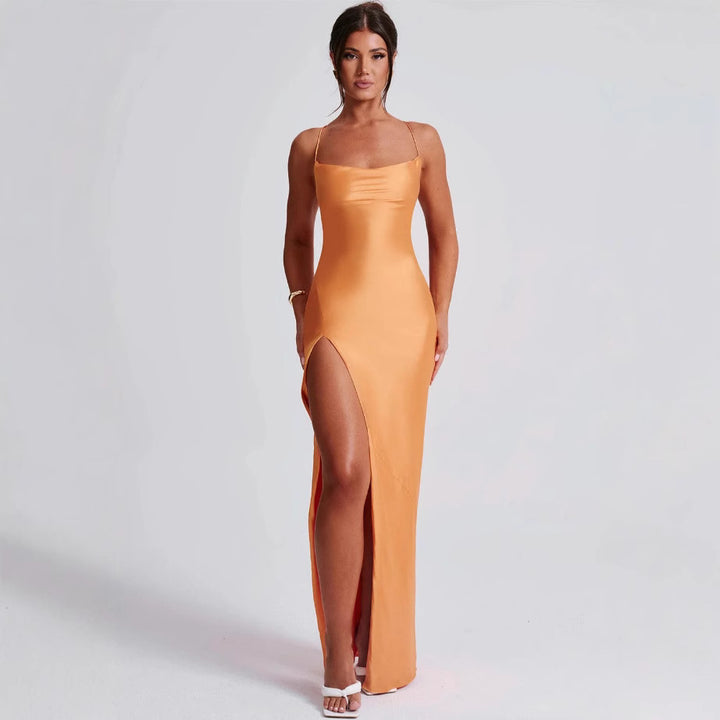 Damen Elegantes Maxikleid mit hochhängendem Schlitz und schmalem Trägerdesign Drune