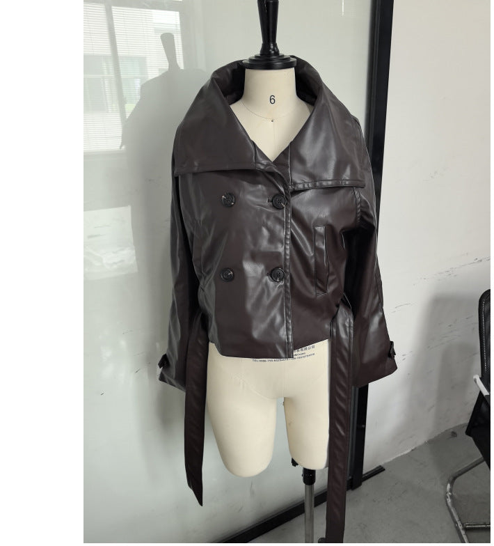 Damen Modische Cropped-Lederjacke mit doppelter Knopfleiste und breitem Kragen Drune