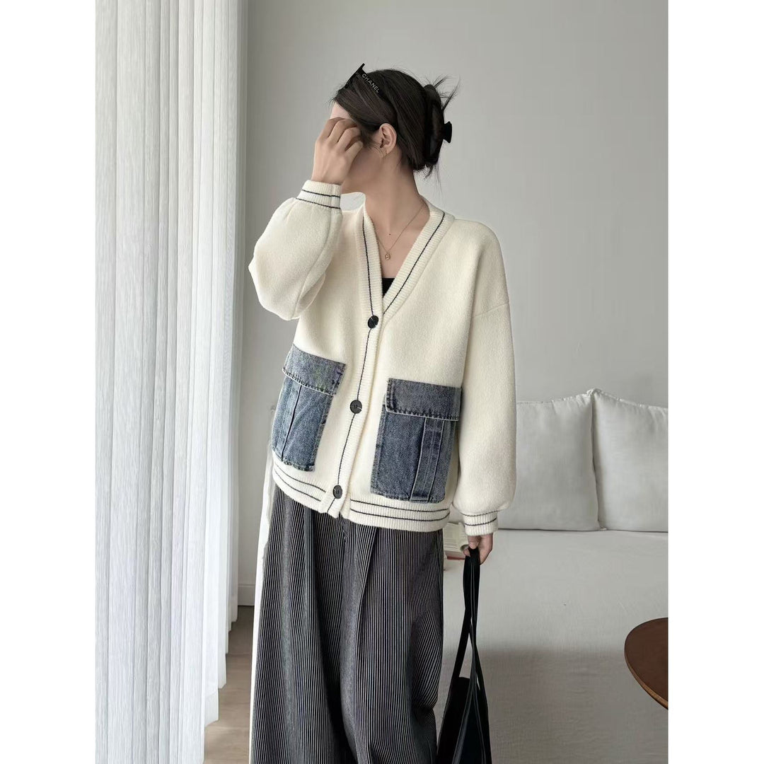 Damen modische Strickjacke mit Denim-Details Drune