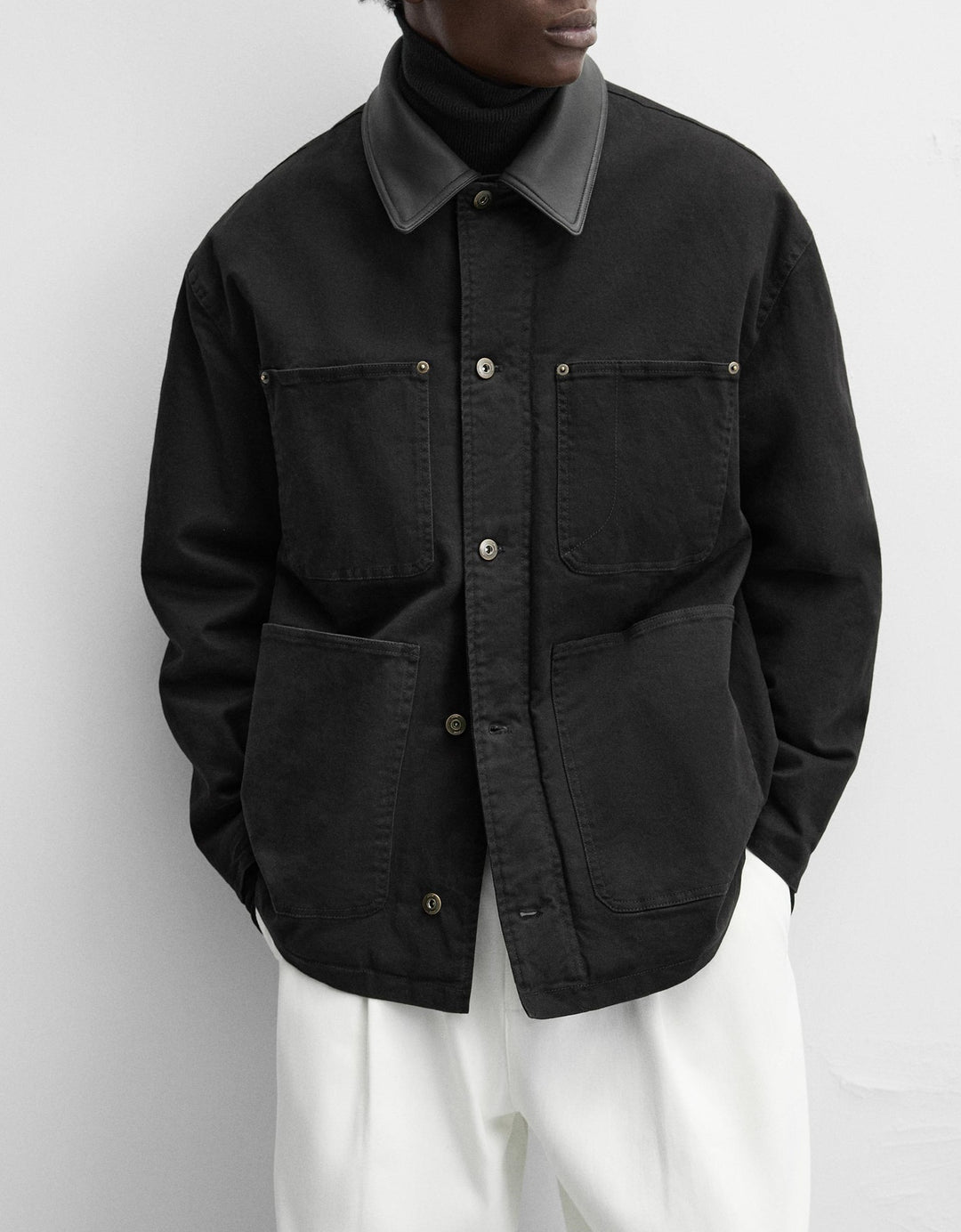 Herren modische Utility-Jacke mit großen aufgesetzten Taschen und anpassbarem Kragen Drune