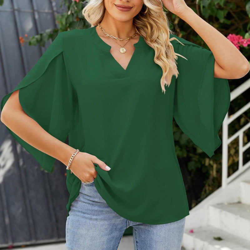 Damen Bequeme Bluse mit weiten Ärmeln und V-Ausschnitt Drune
