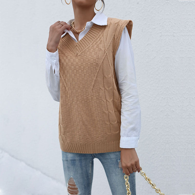 Damen klassischer Strickpullover ohne Ärmel mit V-Ausschnitt und strukturiertem Muster Drune