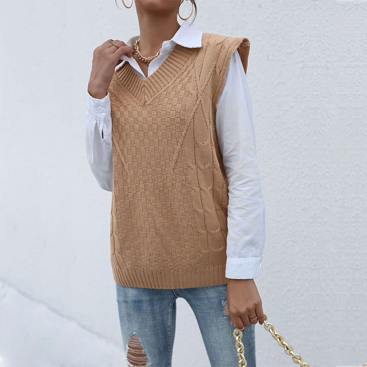 Damen klassischer Strickpullover ohne Ärmel mit V-Ausschnitt und strukturiertem Muster Drune
