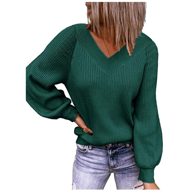 Damen Strickpullover mit V-Ausschnitt und Ballonärmeln Drune