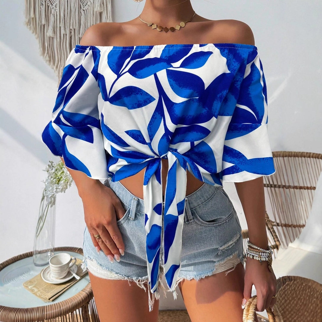 Damen Off-Shoulder Bluse mit floralem Muster und taillierbarem Knoten Drune