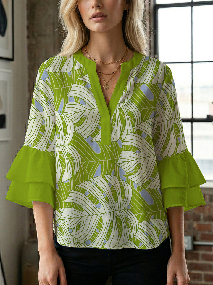 Damen Bluse mit voluminösen Rüschenärmeln und floralem Druck Drune