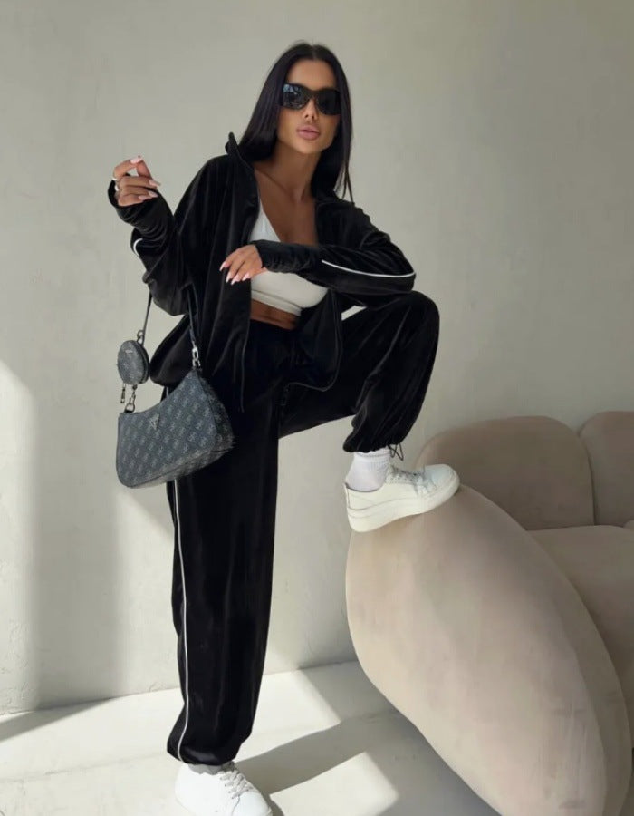Damen modisches und vielseitiges Velours-Sportoutfit mit Reißverschluss Drune