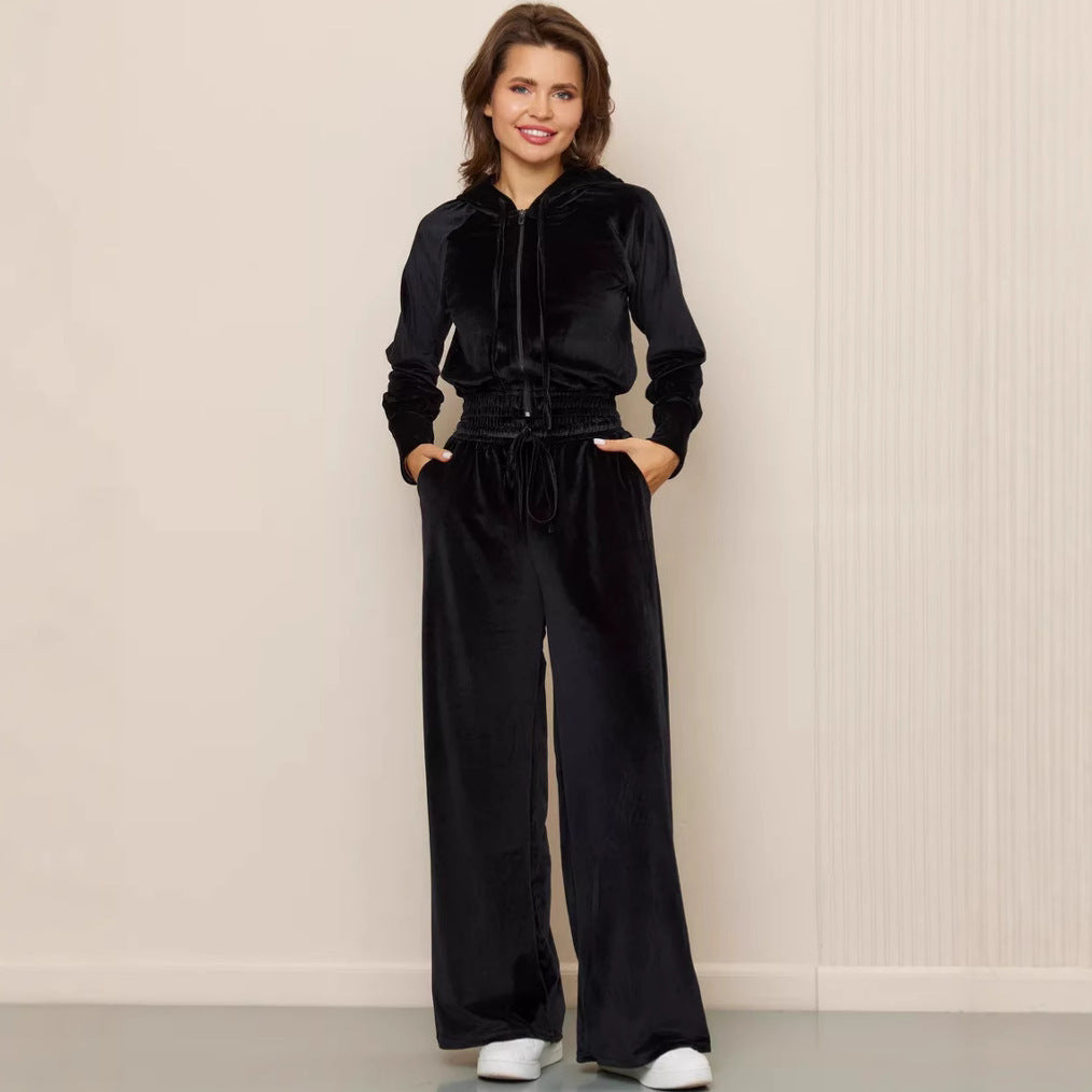 Damen Modisches Fleece-Set mit tailliertem Hoodie und weit geschnittenen Hosen Drune