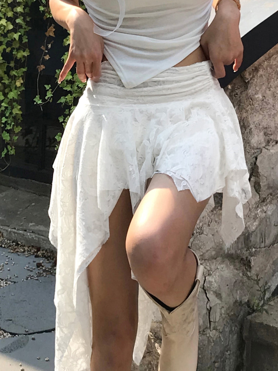 Damen asymmetrischer Spitzenrock mit elegantem Rüschendesign Drune