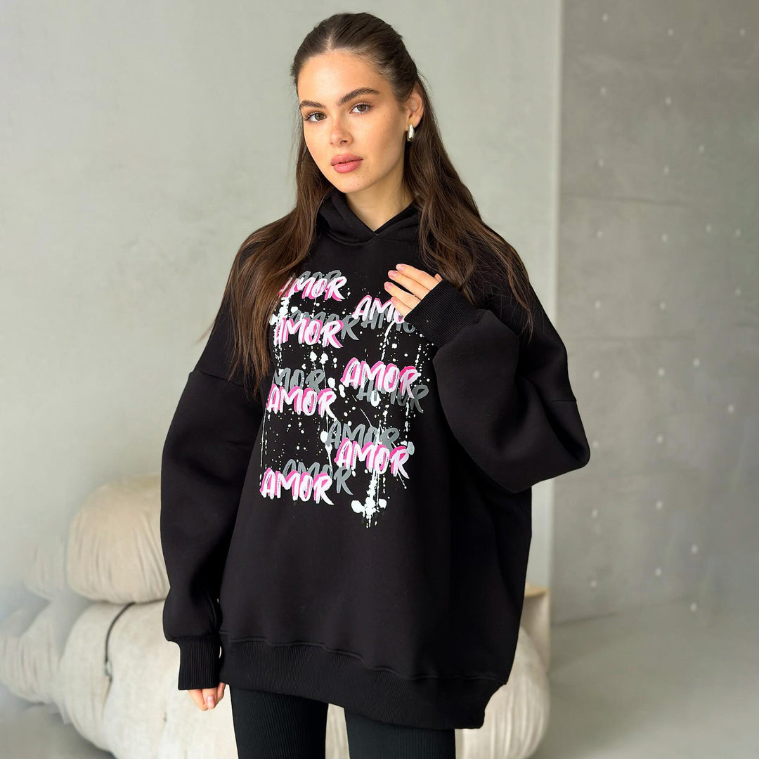 Damen lässiger Kapuzenpullover mit auffälligem Schriftzug Drune