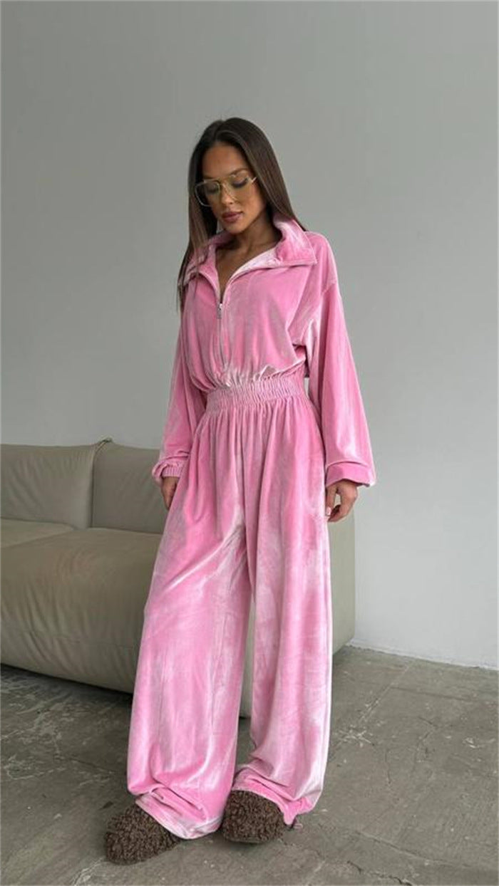 Damen luxuriöser Velours-Jumpsuit mit hohem Kragen Drune