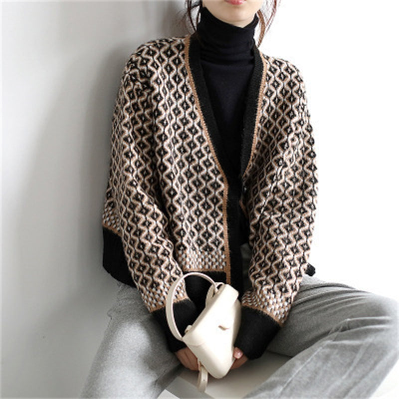 Damen elegante Strickjacke mit geometrischem Muster und Knopfdetails Drune