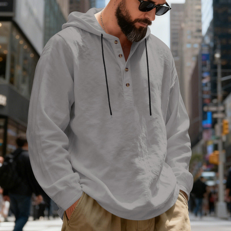 Herren nan legeres Henley-Kapuzenhemd mit Knopfleiste, Kordelzug und gerundetem Saum Drune