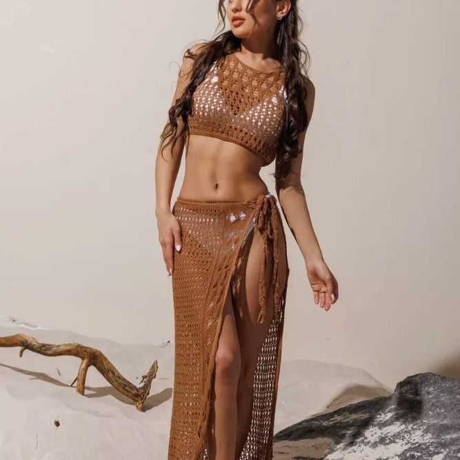 Damen Häkel-Bikini-Set mit hochgeschnittenem Rock Drune