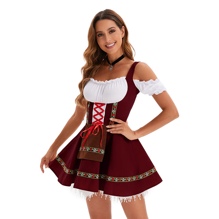 Damen nan traditionelles Oktoberfest Dirndl Minikleid mit Schnürung und abnehmbarer Schürze Drune
