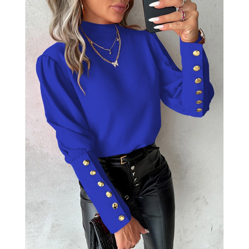 Damen elegante Bluse mit Puffärmeln und goldenen Knopfdetails Drune