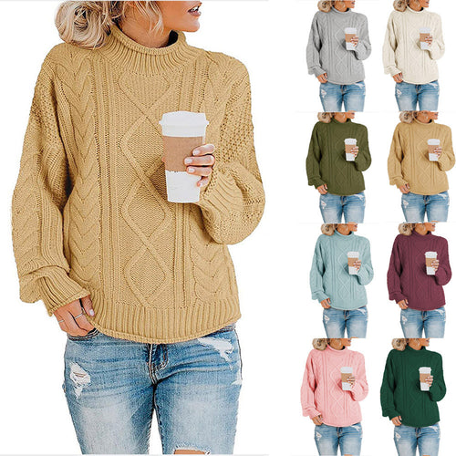 Damen Strickpullover mit hohem Kragen und dekorativem Zopfmuster Drune
