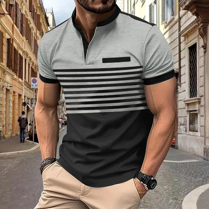 Herren nan kurzärmeliges Henley-Oberteil mit kurzer Knopfleiste, Brustpaspel und Blockstreifen Drune