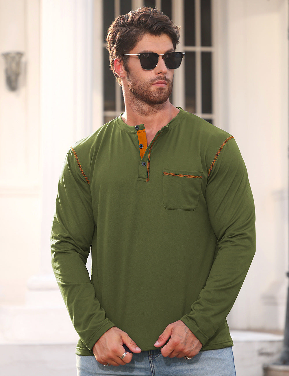 Herren Langarmshirt mit Knopfleiste und Brusttasche Drune