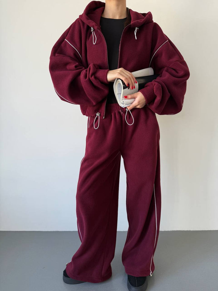 Damen lässiges Fleece-Set mit Kapuze und elastischem Bund Drune