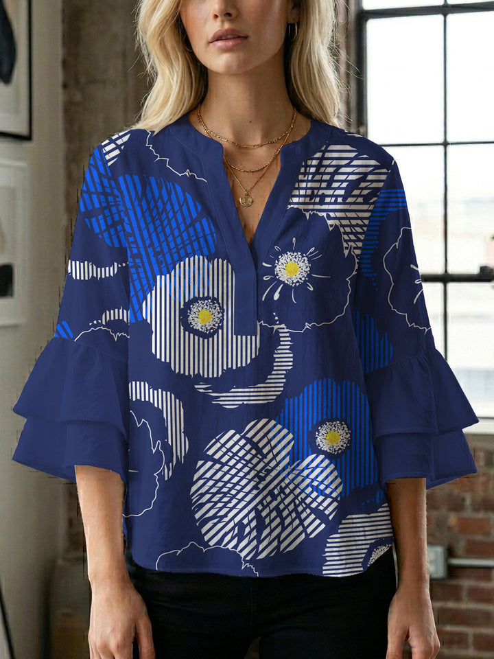 Damen elegantes Blusenshirt mit voluminösen Rüsenärmeln und grafischem Blumendesign Drune