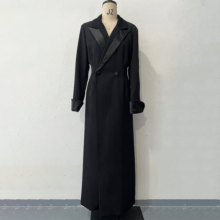 Damen eleganter Maximantel mit seidigem Schal und doppelter Knopfleiste Drune